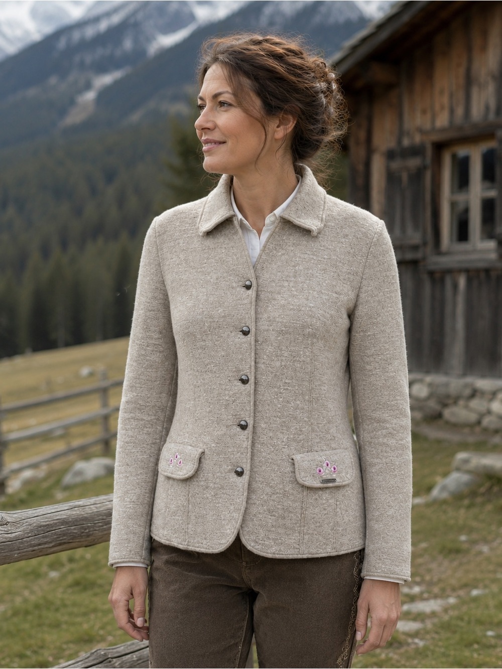 Geiger Austria Womens Jacket Sz 38 US 8 Tan Boiled Wool Linen Floral Embroidery